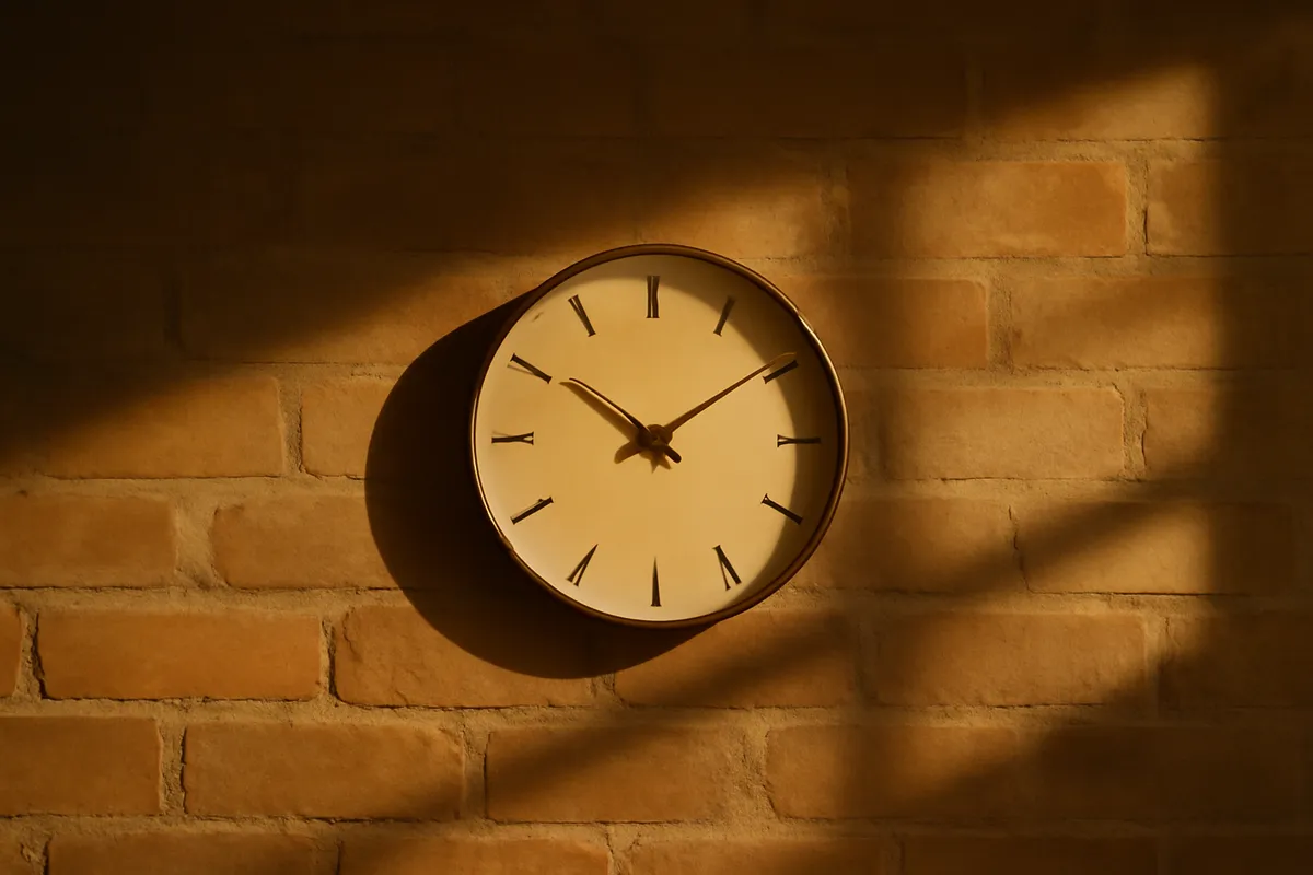 A minimalist wall clock with tick marks and no numerals on a sunlit brick wall
