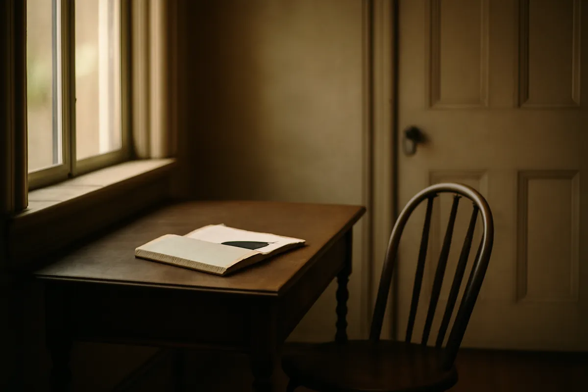 Small writing desk under a window with a notebook and pen, closed door behind