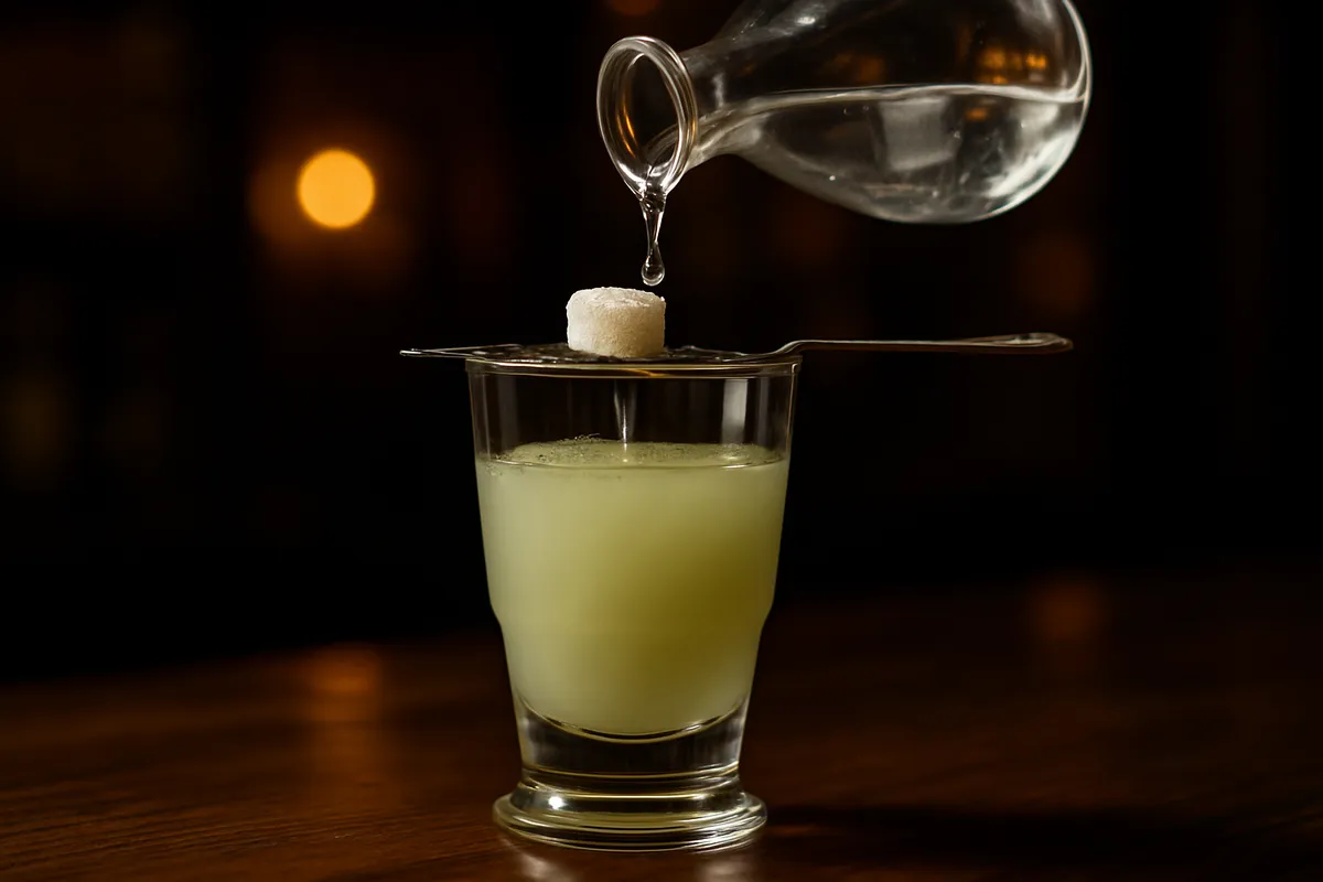 Glass of pale green spirit clouding as water drips through a slotted spoon with a sugar cube