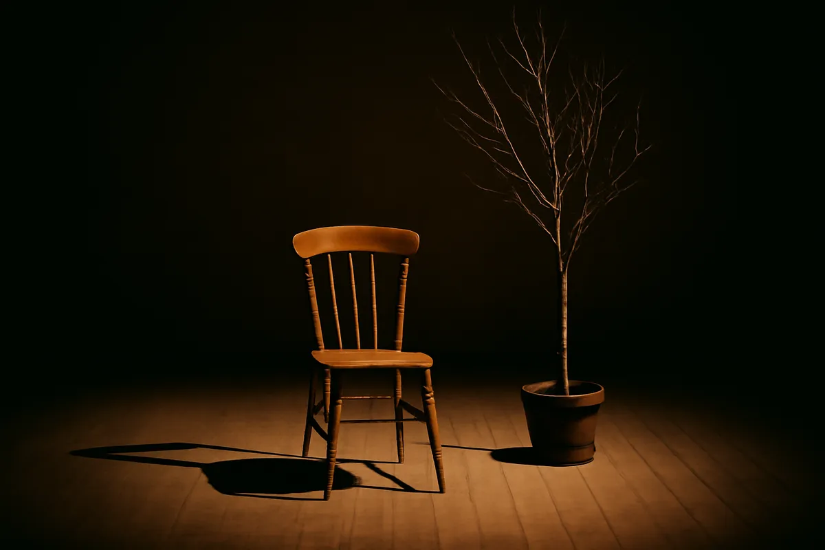 Empty wooden chair on a bare stage beside a leafless potted tree under a spotlight