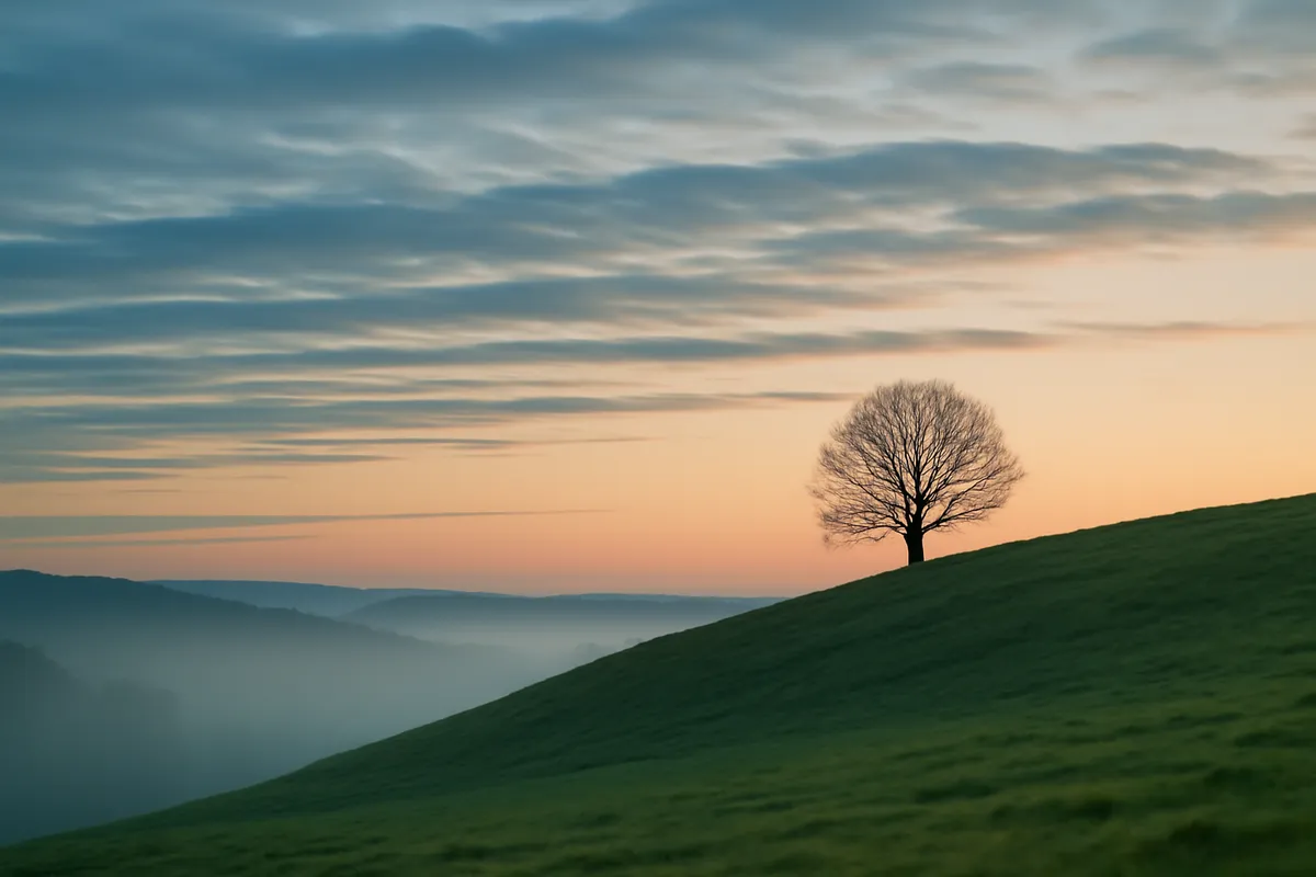 Wide open sky with layered clouds above a green hillside at dawn with mist in the valley