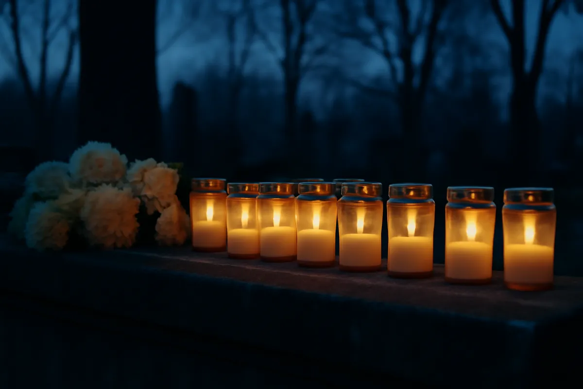 Rows of lit candles and chrysanthemums on a stone grave ledge at dusk in a cemetery