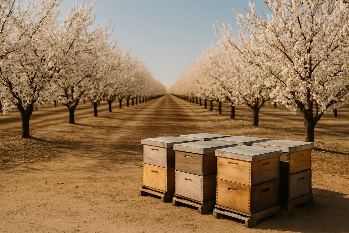 Rows of almond trees in white blossom with wooden beehive boxes along the orchard edge