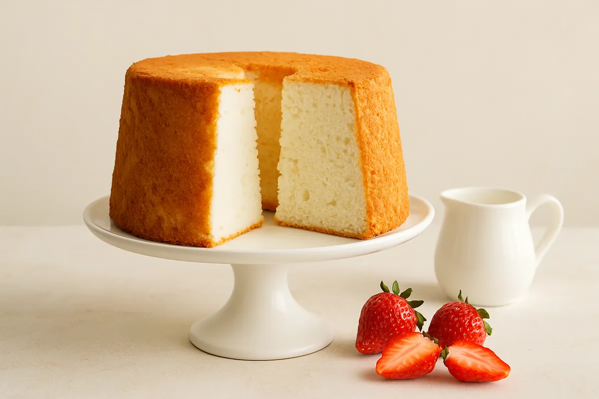 Tall pale angel food cake with one wedge cut showing an airy crumb, beside strawberries