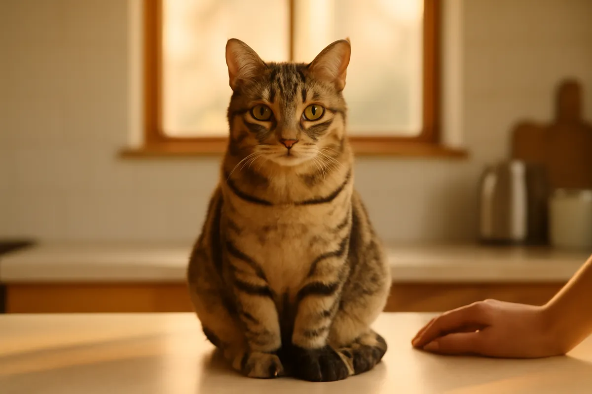 Cat sitting upright on a kitchen counter looking directly ahead with tail curled around its feet