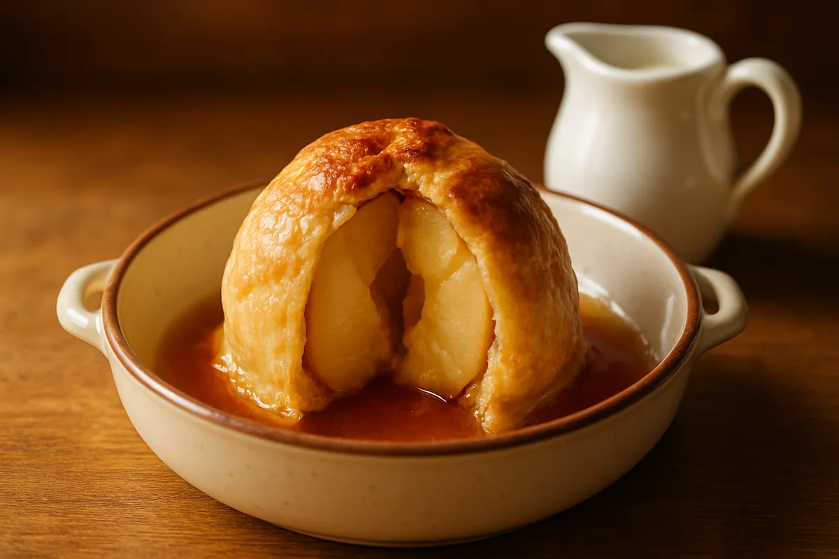 Baked apple dumpling cut open in a ceramic dish showing softened fruit and syrup