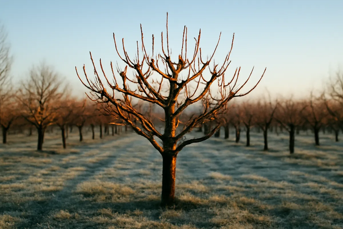 Bare pruned apple tree in a frosty winter orchard with rows of trees behind