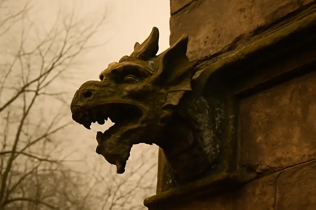 Weathered carved stone dragon head on an old building against a pale winter sky