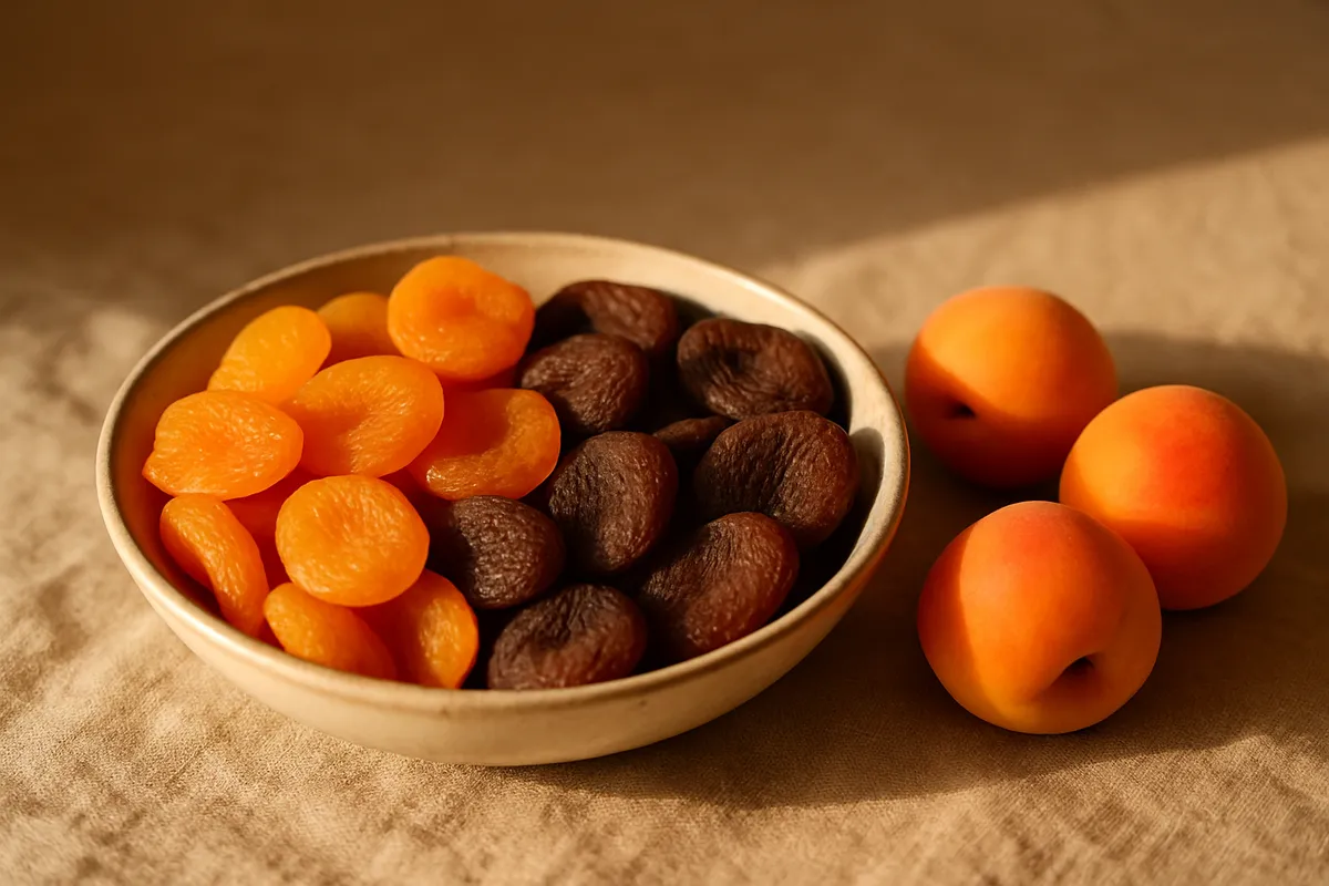 Bowl of dried apricots in bright orange and deep brown beside whole fresh apricots