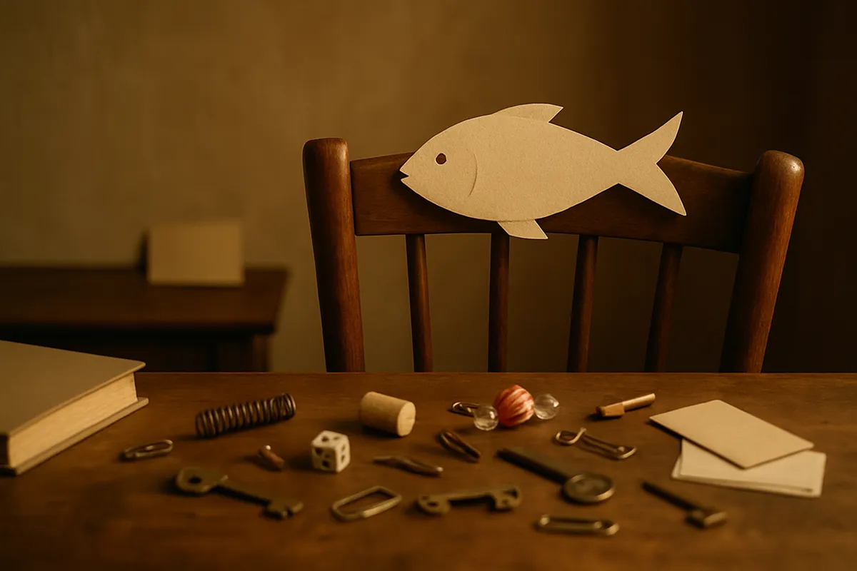 Paper fish shape on the back of a wooden chair beside novelty objects on a table
