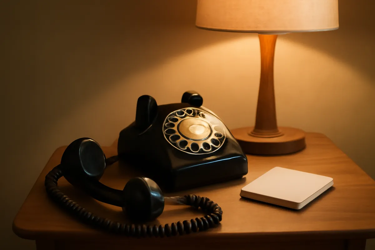 Black rotary telephone with dial partly rotated and handset off the cradle on a side table