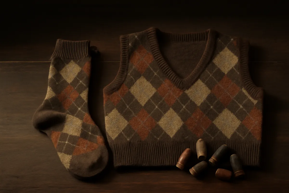 Folded argyle socks and knitted vest on dark wood beside small yarn bobbins