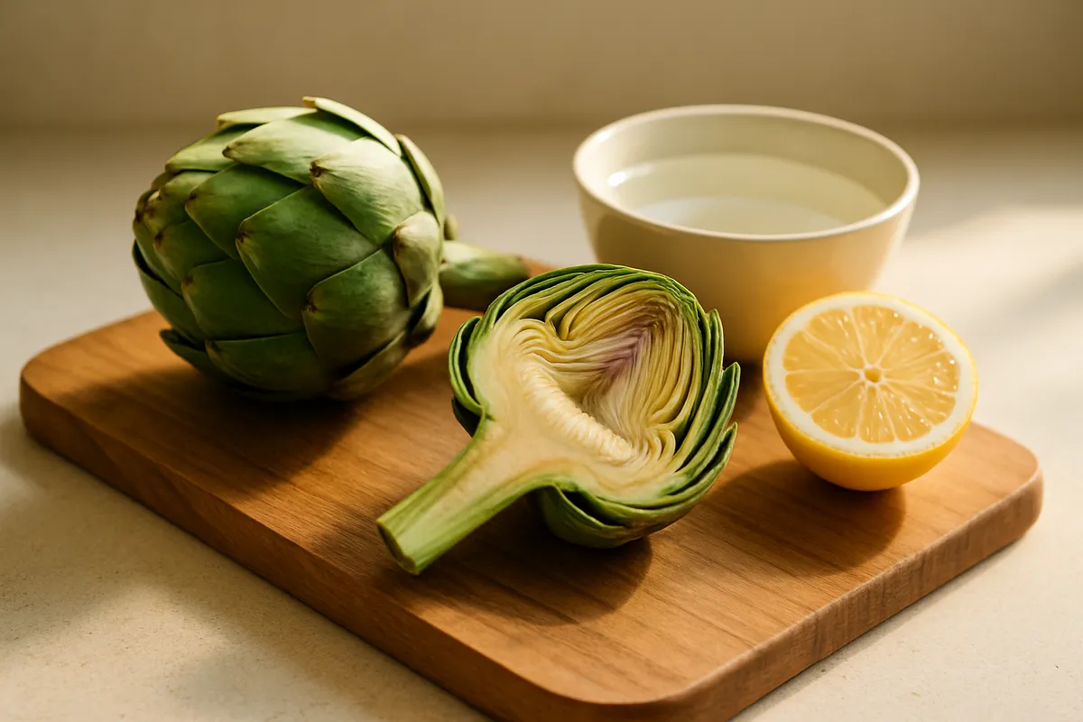 Two globe artichokes with one trimmed open showing the pale heart, beside a halved lemon