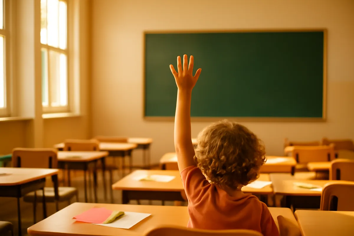 A single raised hand among classroom desks with sunlight through tall windows