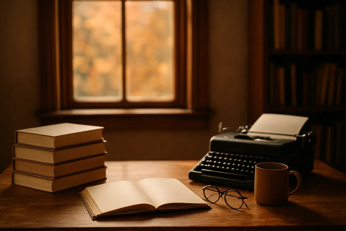 Writer's desk with stacked hardbacks, an open notebook, typewriter, mug and glasses