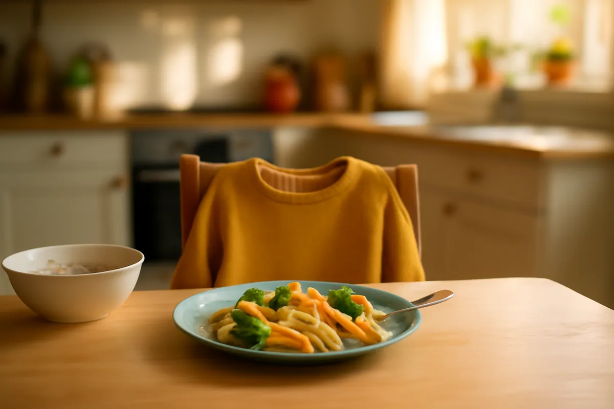 Breakfast table set with a dinner plate of pasta in morning light and a backward sweater