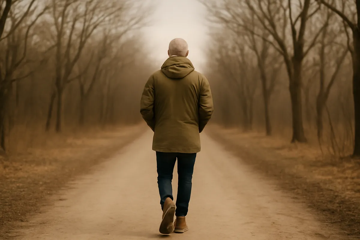 Person walking away along a bare winter path between leafless trees