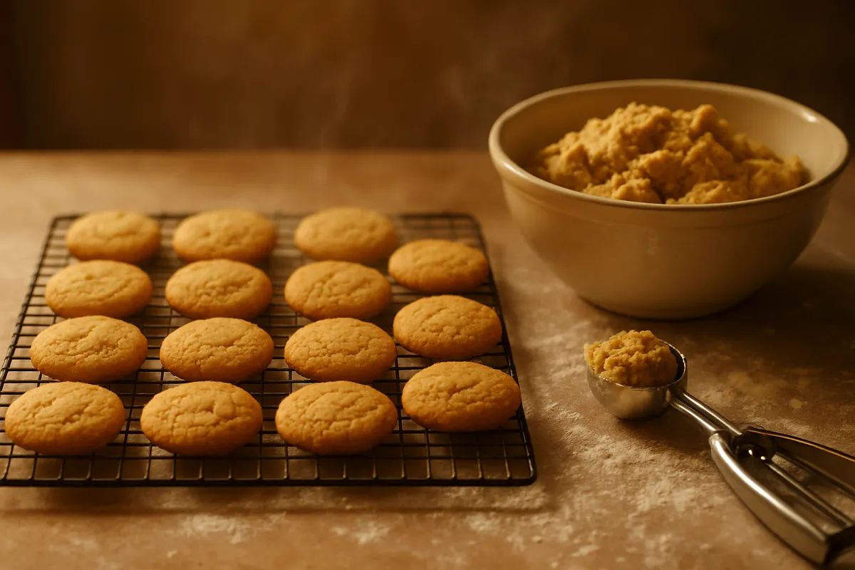 Tray of golden cookies cooling on a wire rack beside a bowl of dough on a floured counter