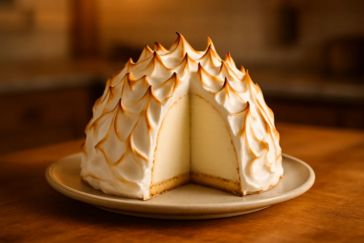 Domed baked alaska with browned meringue peaks and one slice cut showing ice cream inside