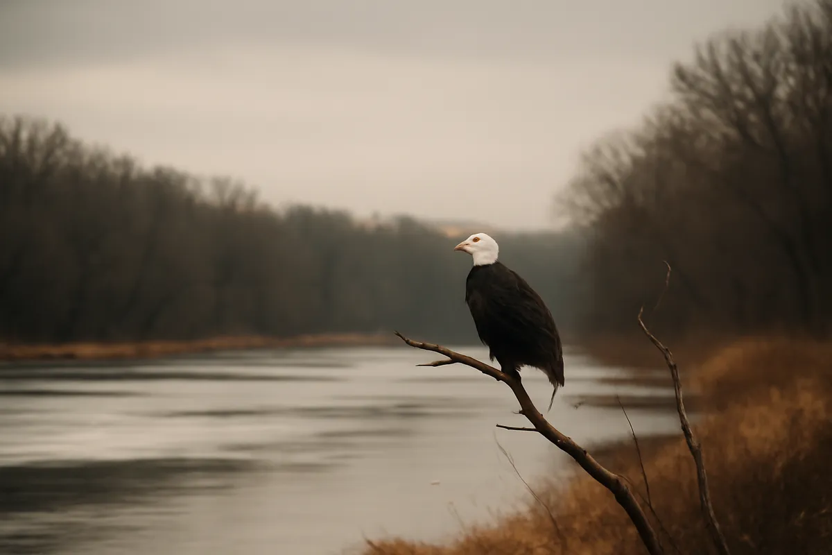 Bald eagle perched on a bare branch above a partly frozen river in winter
