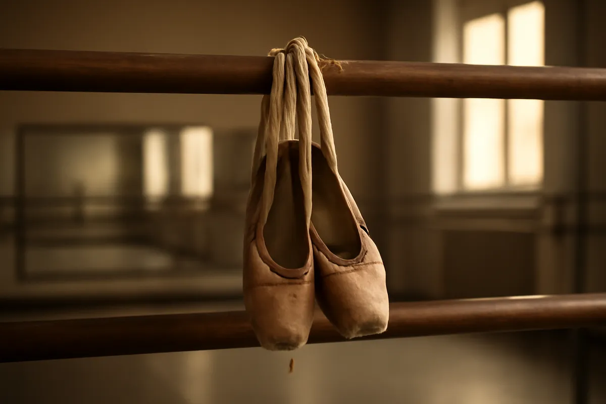 Worn pink pointe shoes with frayed ribbons hanging from a barre in an empty studio