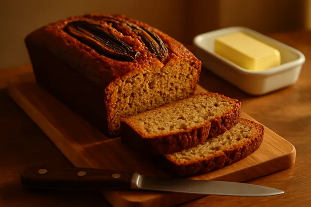 Banana bread loaf on a wooden board with two slices cut, beside overripe bananas and butter