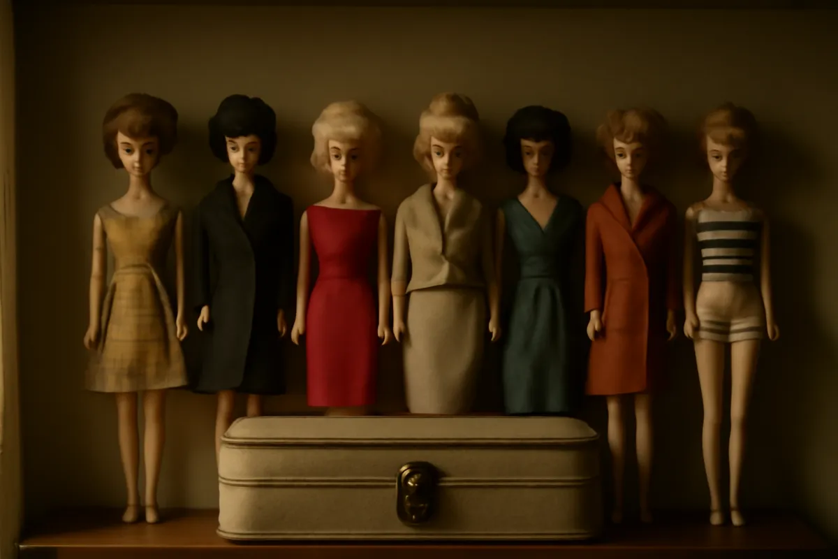 Row of vintage fashion dolls standing on a shelf in varied outfits in soft window light