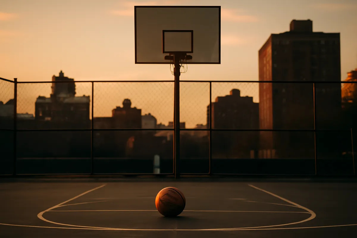 Empty outdoor basketball court at dusk with a ball resting on the free throw line