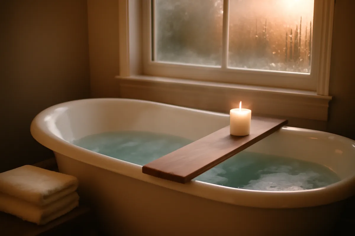 Freestanding bathtub filled with steaming water beside a window with towels and a candle