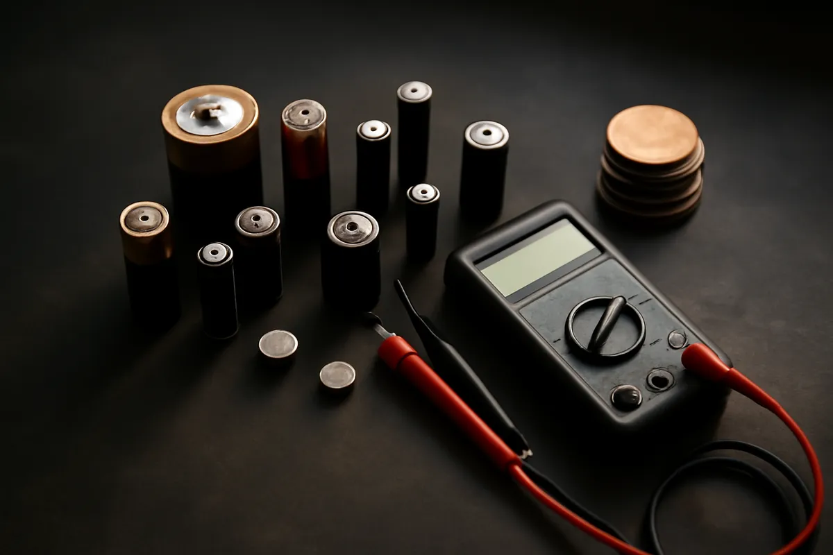Assorted batteries on a dark workbench beside a multimeter and stacked copper and zinc discs