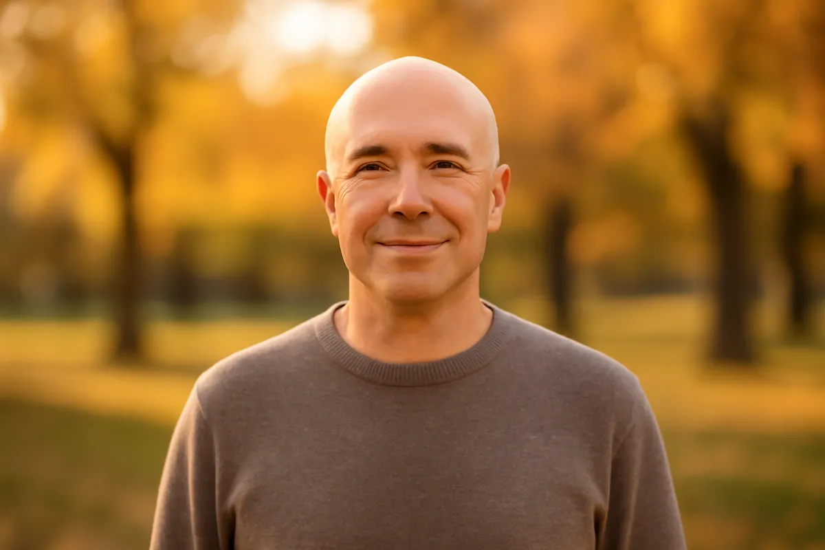 Confident man with a shaved head standing outdoors in bright autumn sunlight