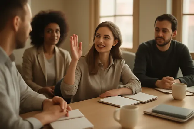 Meeting room table with people mid-discussion and one person waiting with a hand raised