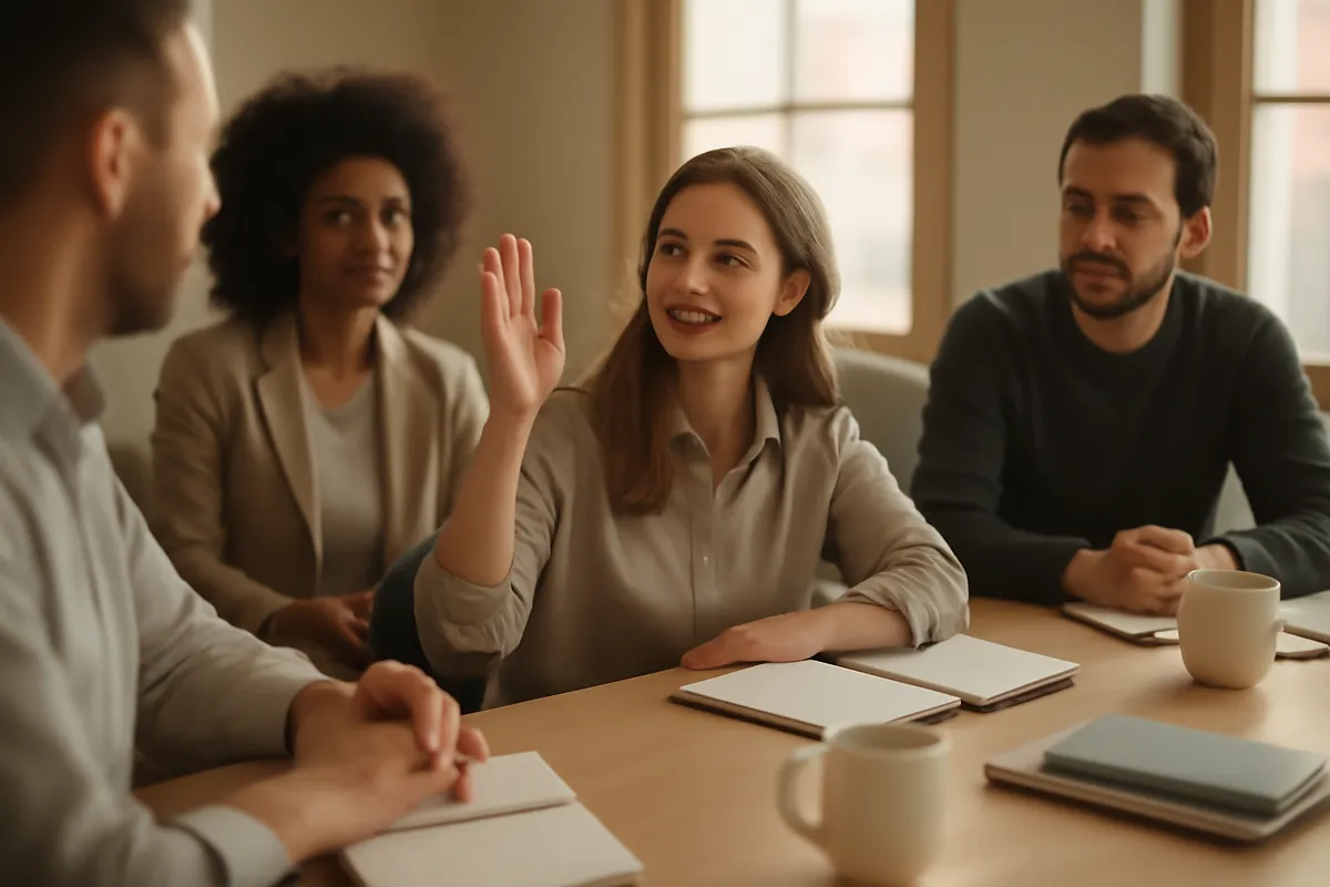 Meeting room table with people mid-discussion and one person waiting with a hand raised