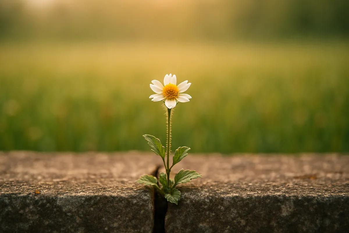 A small wildflower growing through a crack in a stone wall