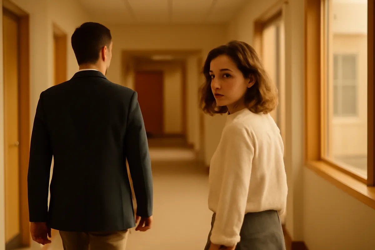 Two people passing without acknowledging each other in an office corridor