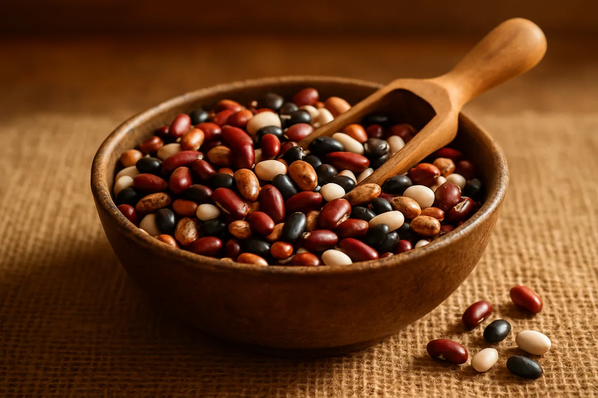 A bowl of mixed dried beans with a wooden scoop on a burlap cloth