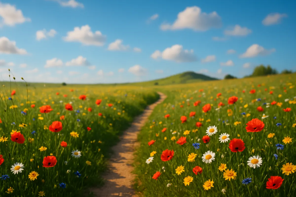 A sunlit wildflower meadow under a blue sky