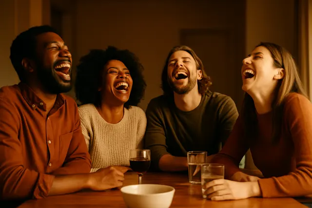 A group of friends laughing heartily around a table