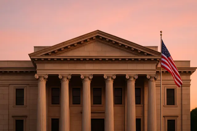 A neoclassical courthouse with tall columns and an American flag at dawn