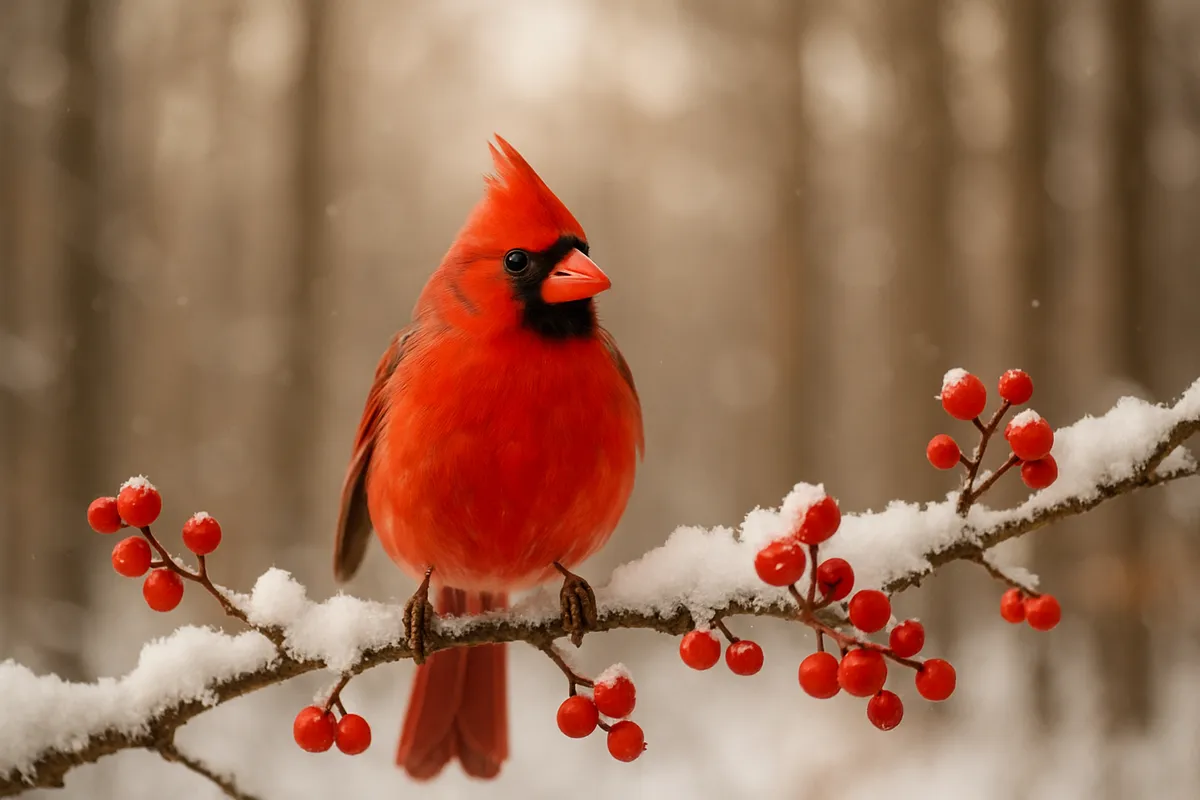 A red cardinal perched on a snowy branch with red berries