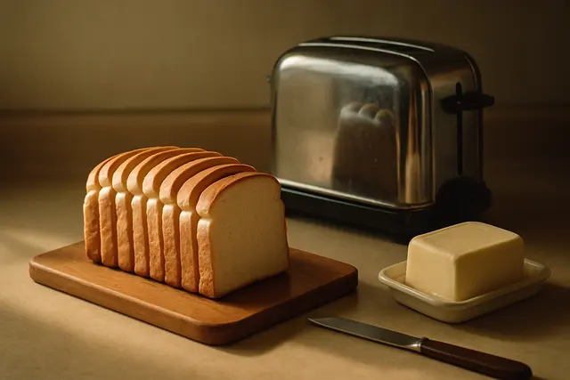 Sliced sandwich loaf fanned on a wooden board beside a vintage chrome toaster