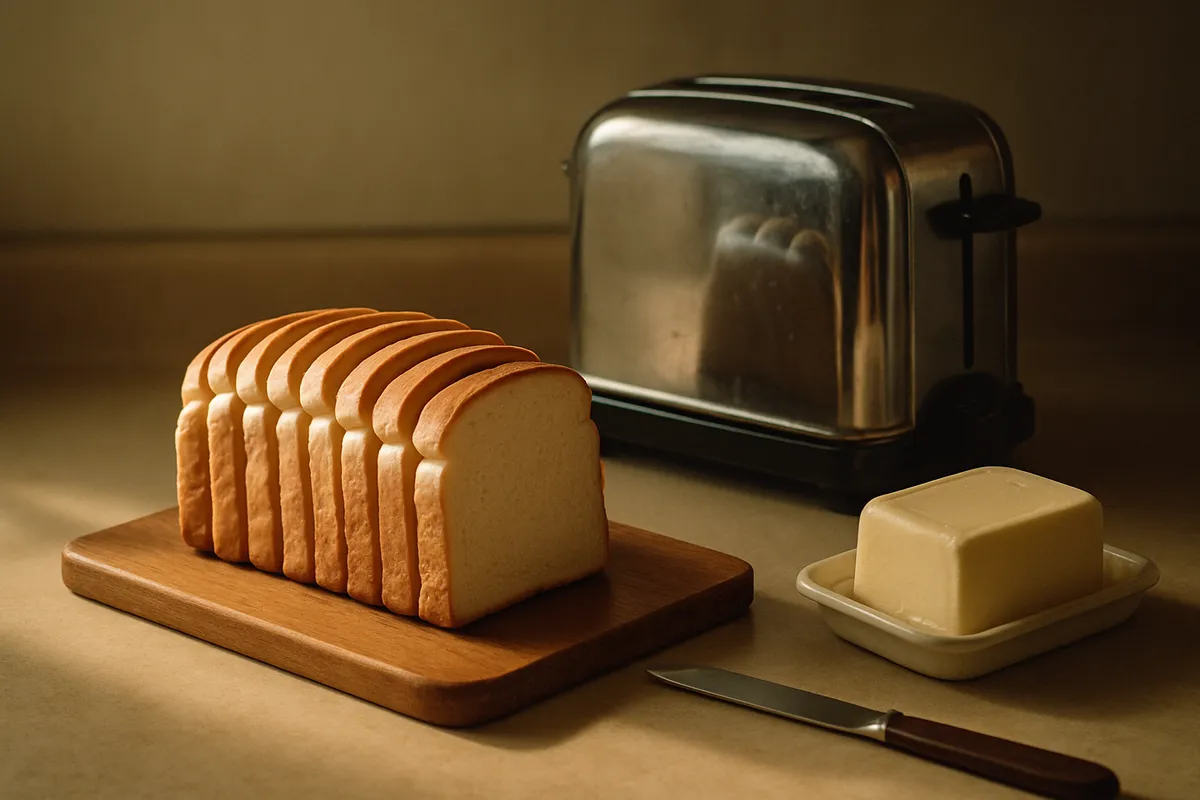 Sliced sandwich loaf fanned on a wooden board beside a vintage chrome toaster