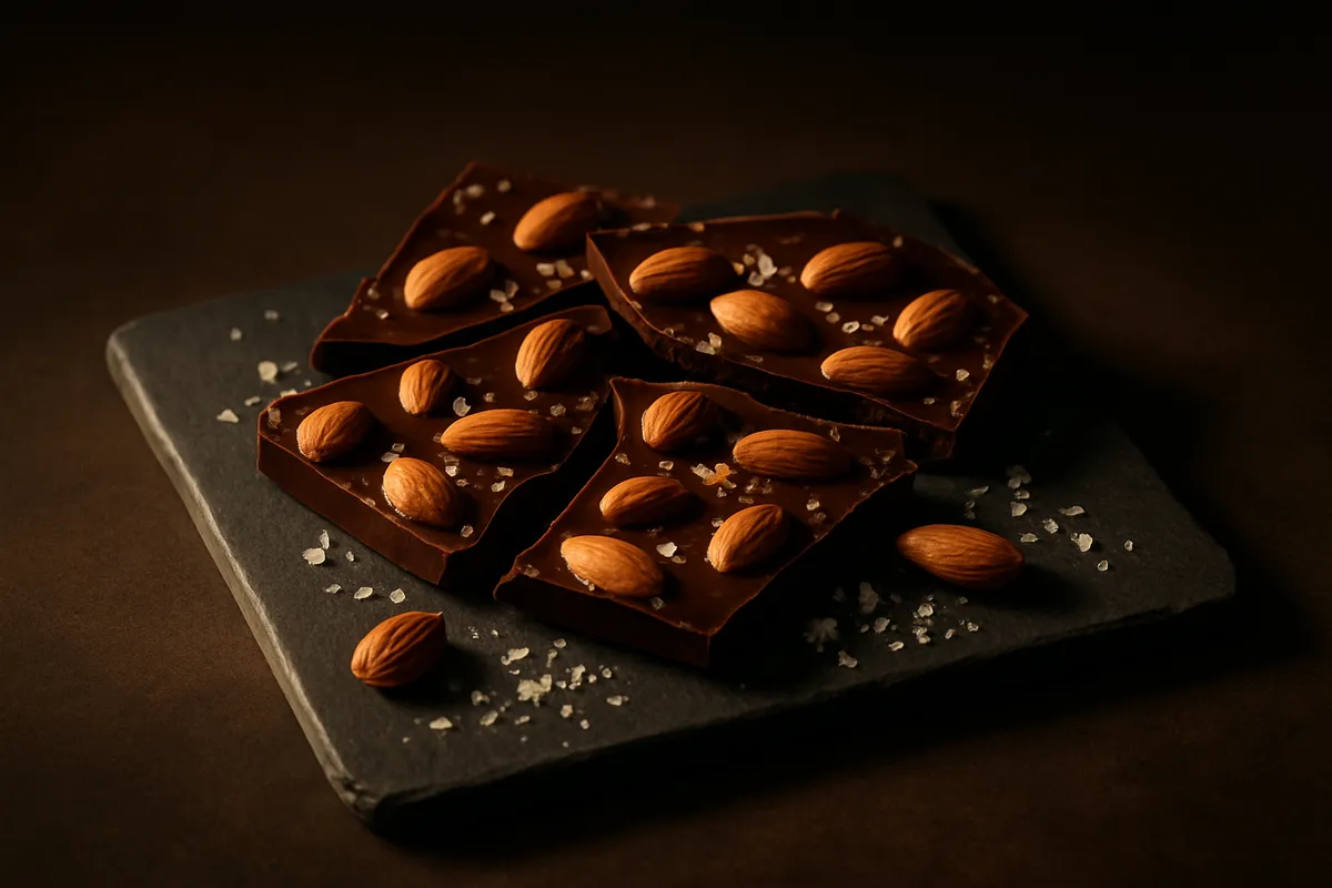 Broken shards of dark chocolate studded with toasted almonds on slate with flaky salt