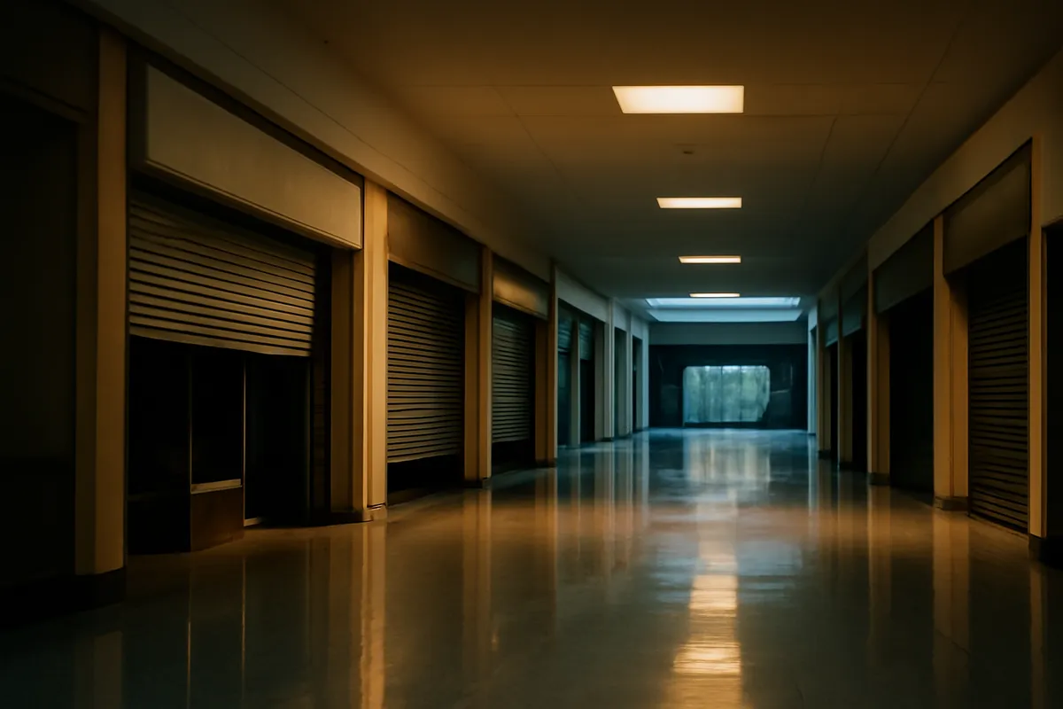 Empty mall concourse before opening with half-raised shutters and polished reflective floor