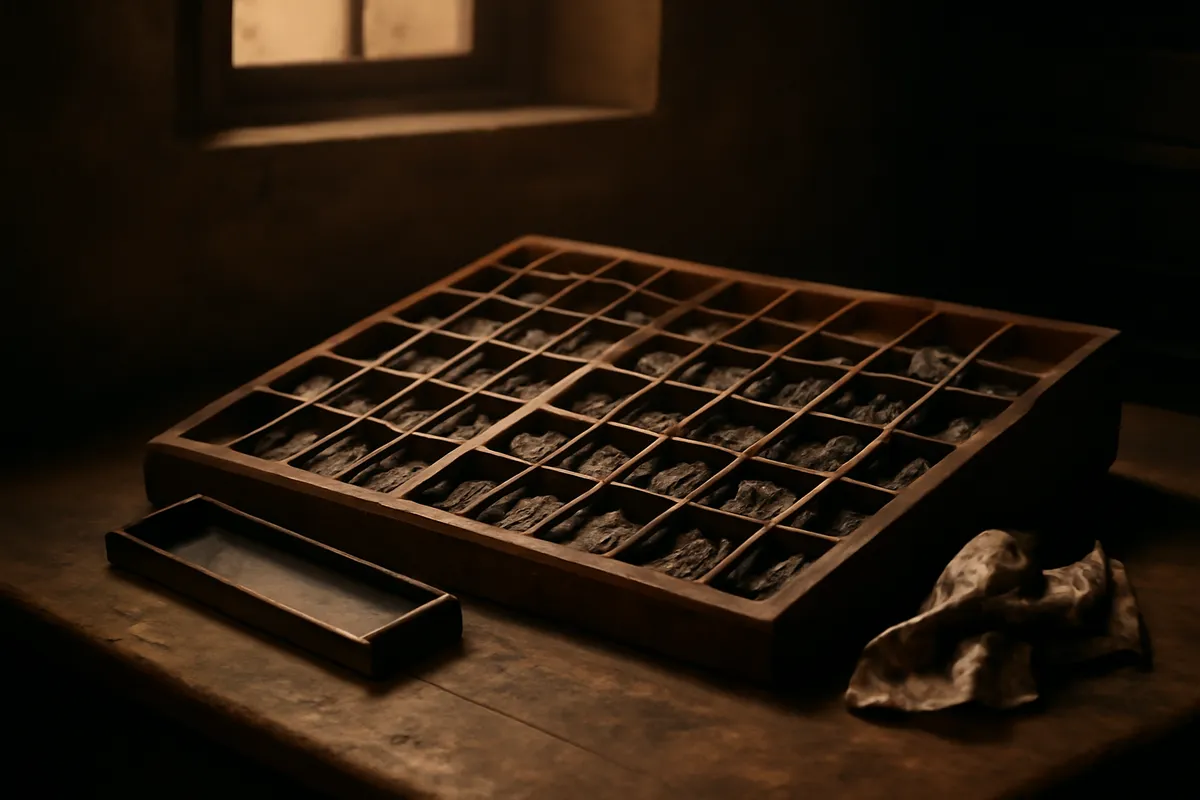 Letterpress type case with metal sorts and a composing stick in a dim workshop
