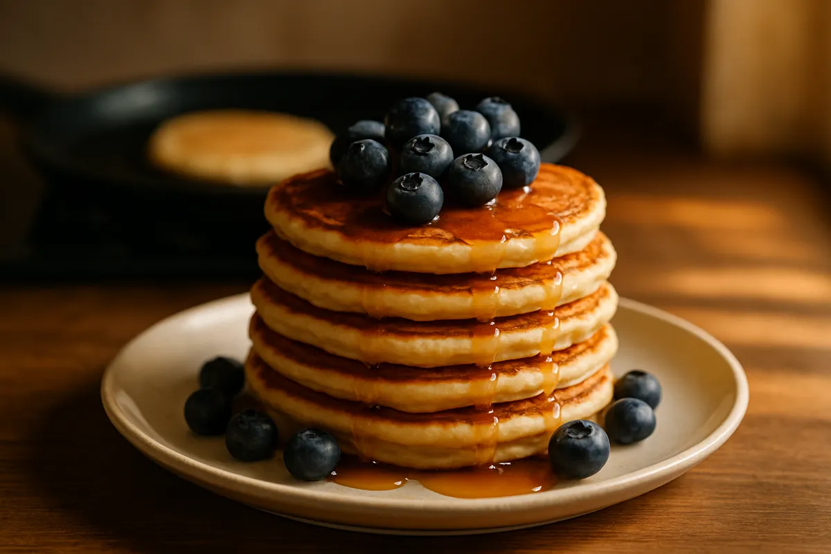 Stack of golden pancakes topped with whole blueberries and syrup running down the sides