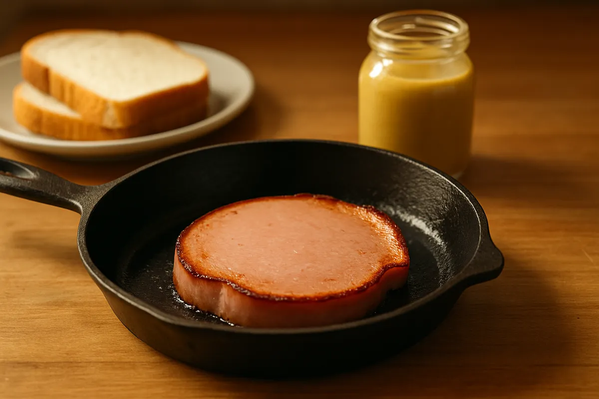 Thick slice of lunch meat frying in a cast iron skillet with browned curling edges