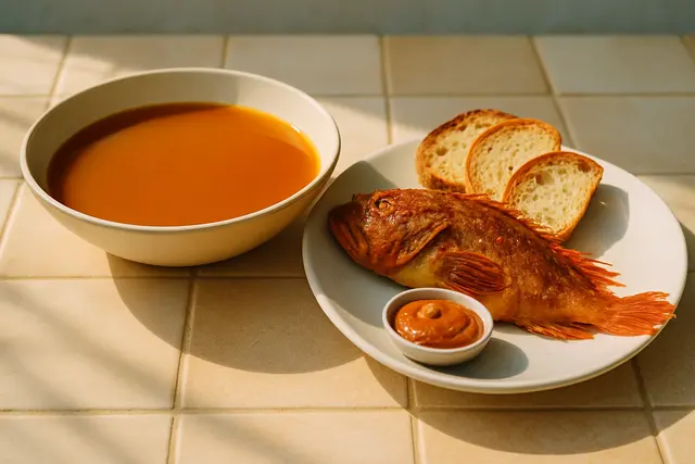 Bowl of orange fish broth beside whole cooked rockfish, toasted bread and a dish of rouille