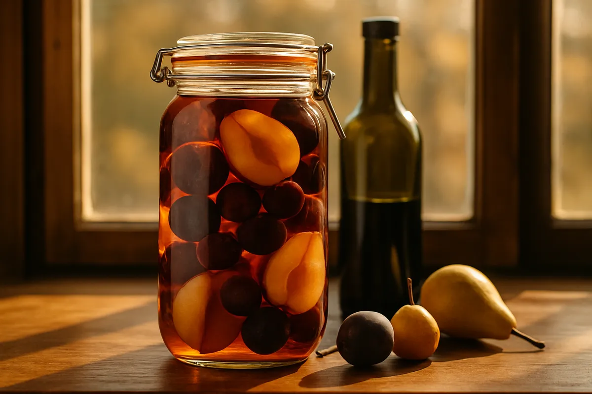 Glass jar packed with layered plums, cherries and pears in amber liquid on a windowsill