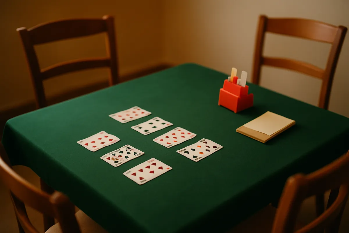 Four hands of cards on a green baize table with a bidding box and scorepad beside them